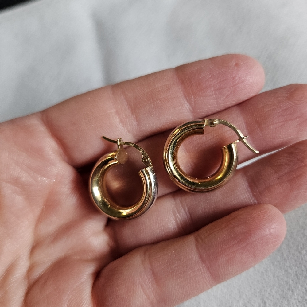 14k 2-tone Yellow and White Gold Huggy Earring Hoops